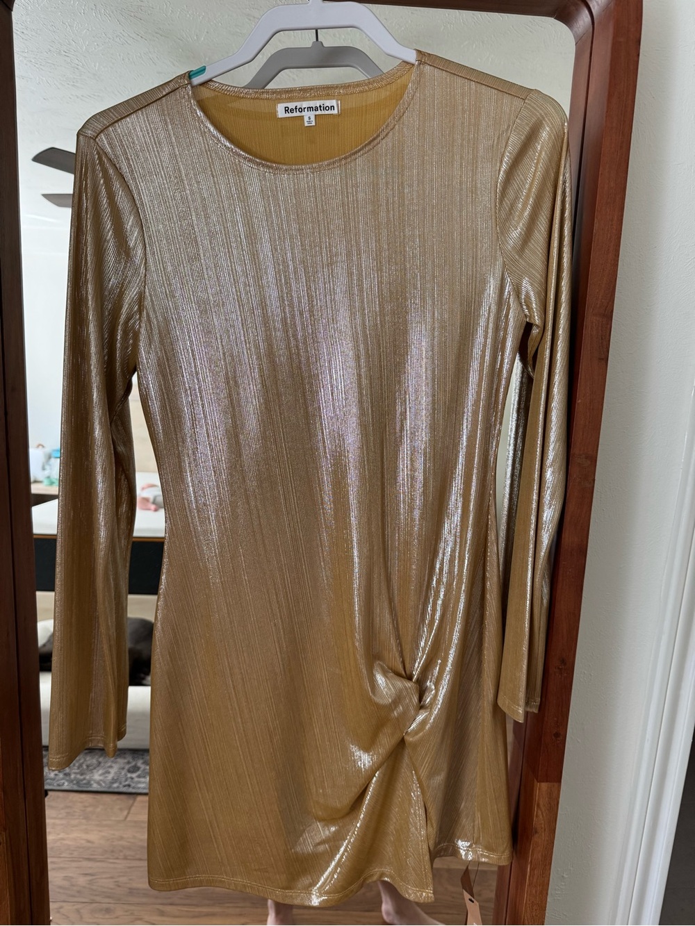 Reformation Metallic Gold Long-Sleeve Twist Hem Dress